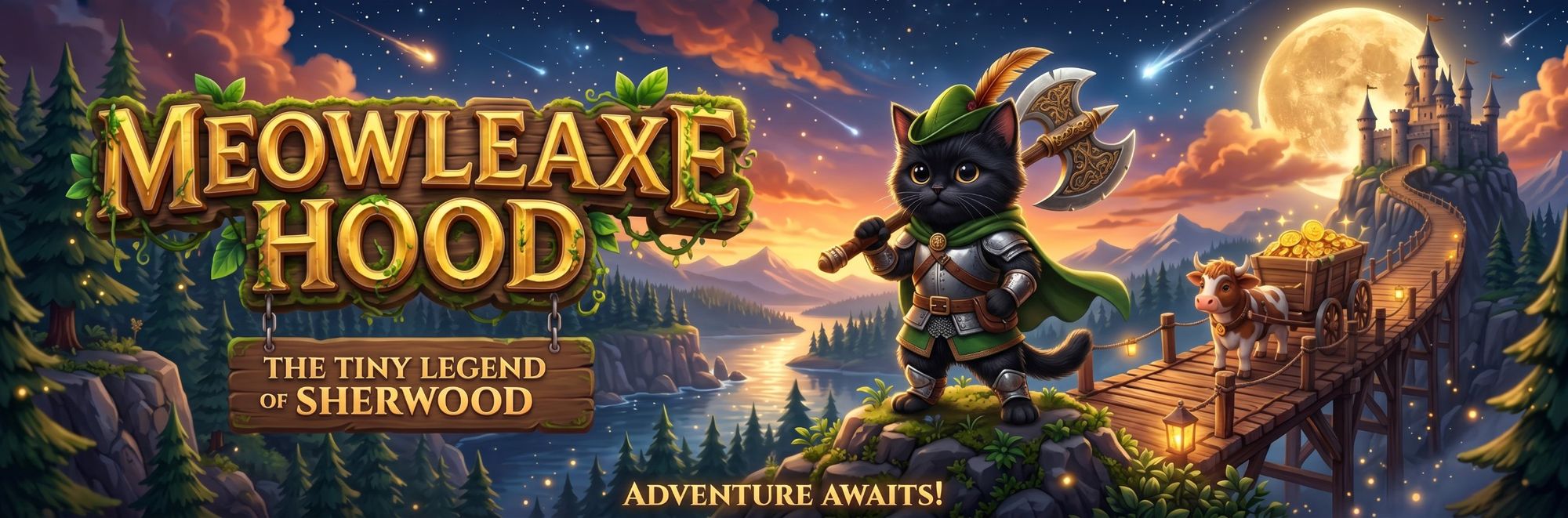 MEOWLEAXE HOOD, the tiny legend of Sherwood: a black kitten in a green feathered cap and cape stands on a mossy cliff with an axe on his shoulder, beside a calf pulling a cart of gold coins toward a moonlit castle.