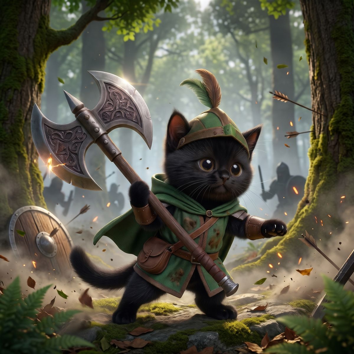 The kitten standing firm in a smoky forest battle, arrows flying past and a shield knocked to the ground.