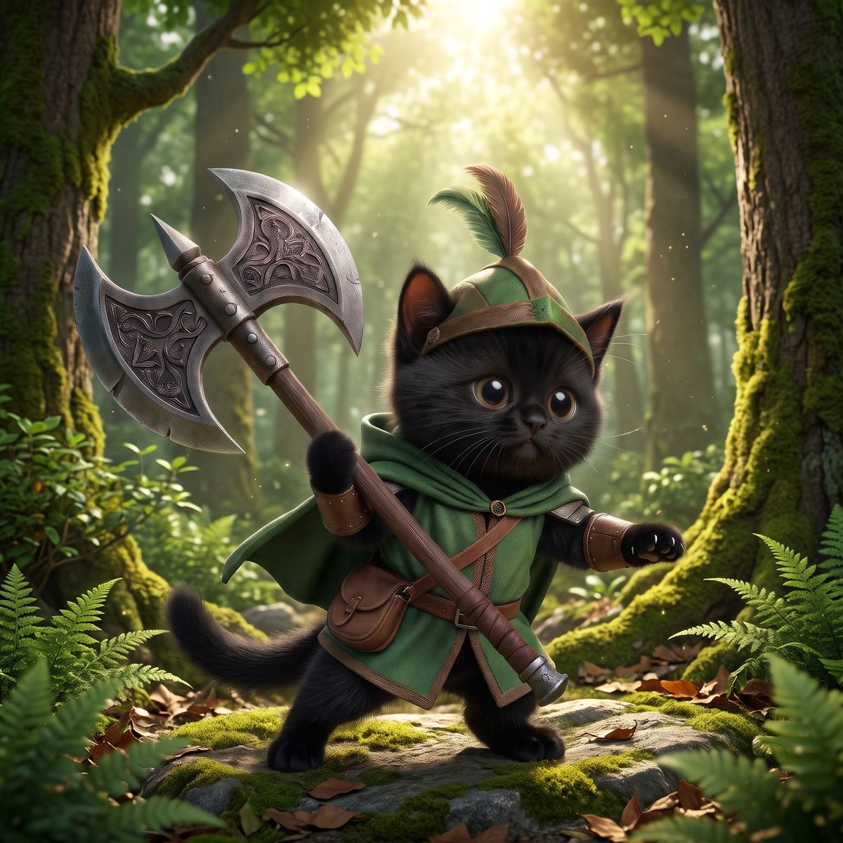 The black kitten in his green cape and feathered cap stands in a sunlit mossy forest, gripping his axe with one paw raised.