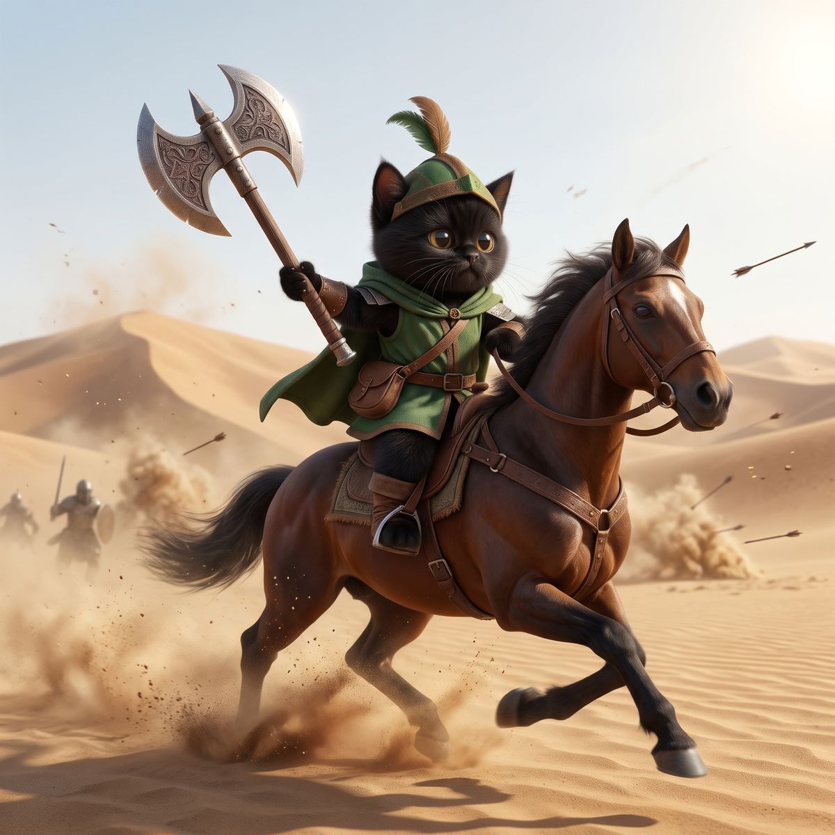 The kitten riding a galloping brown horse across desert dunes, axe held high, dust kicking up behind.